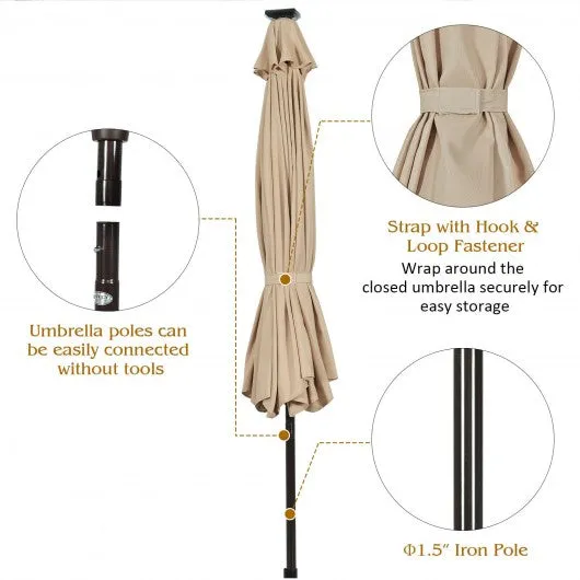 10' Solar LED Lighted Patio Market Umbrella Shade Tilt Adjustment Crank-Beige