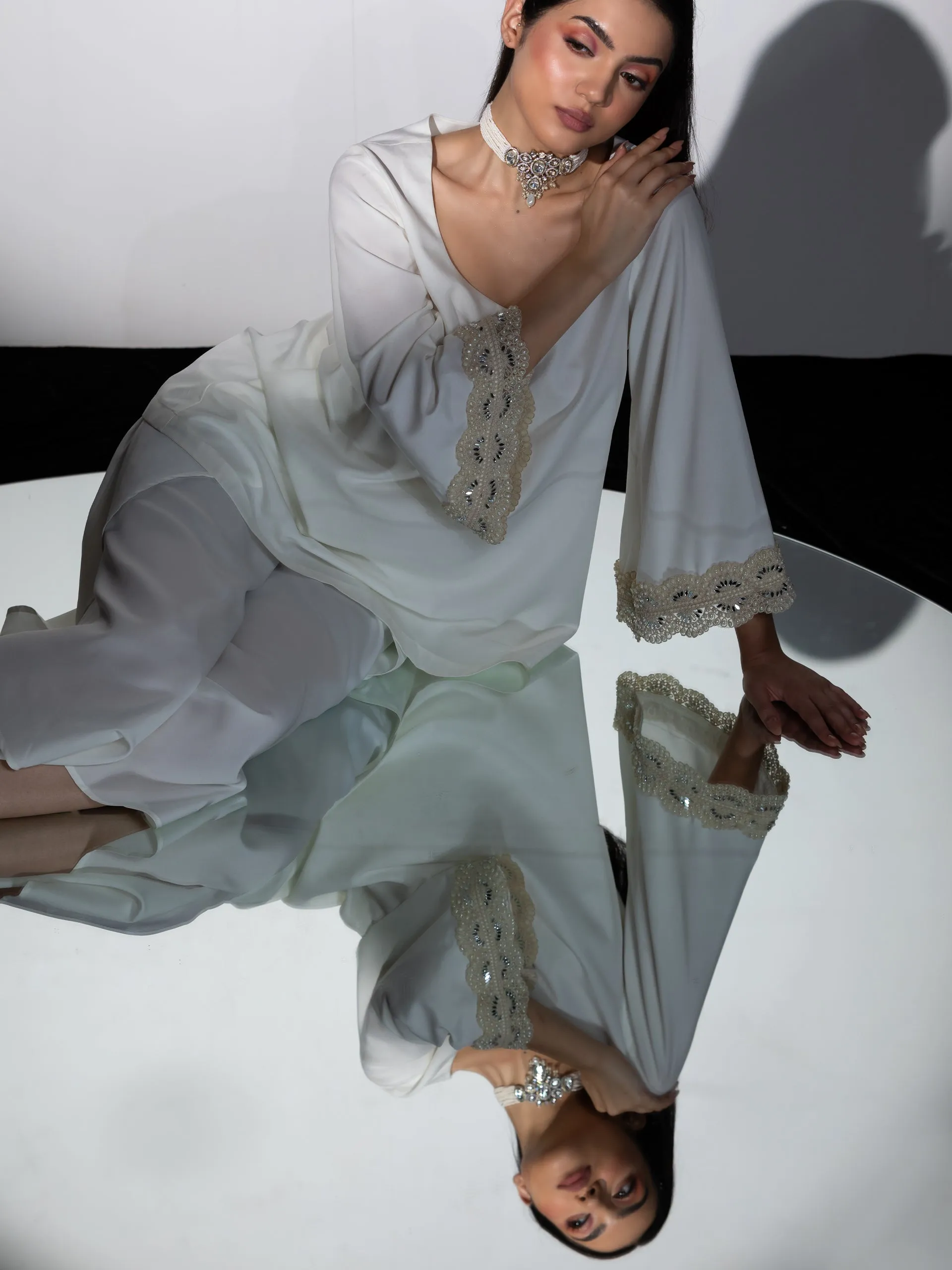 2 Piece Set | Pearl Cream Crepe Coordinate with Dhoti Pants