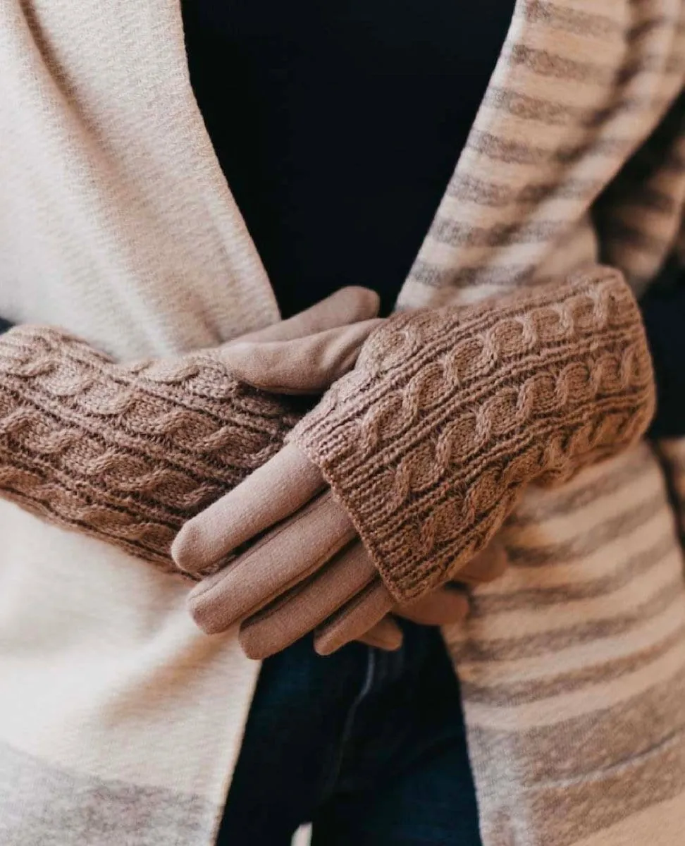 3 in 1 Cable Knit Gloves Brown