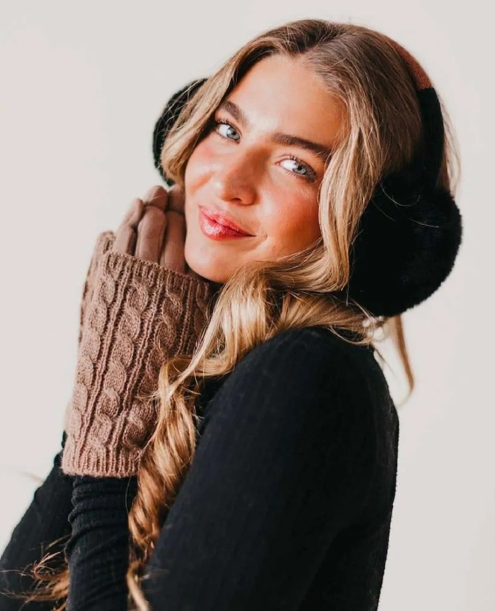 3 in 1 Cable Knit Gloves Brown