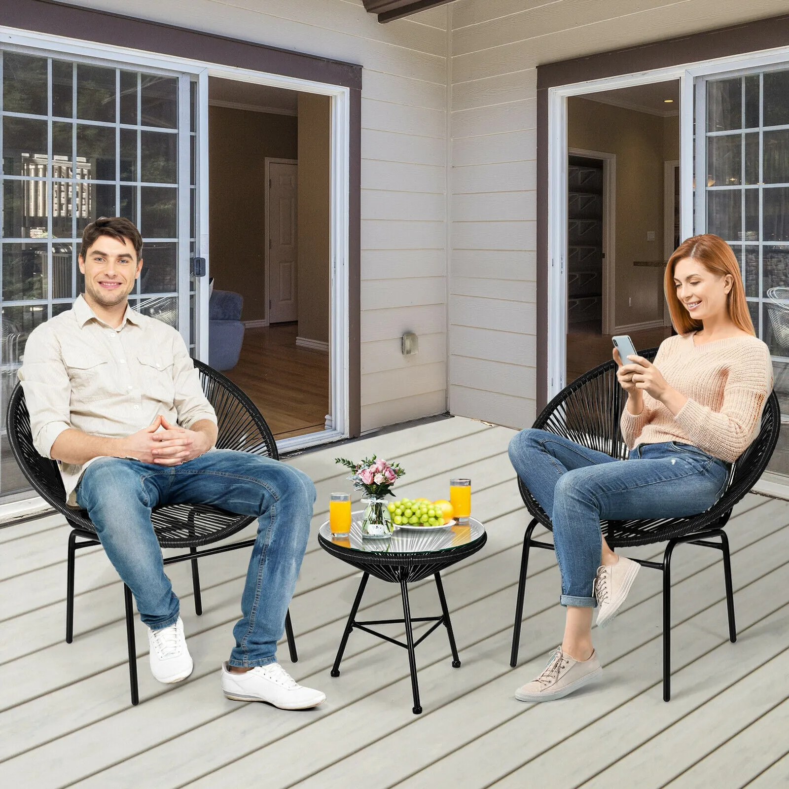 3Pcs Patio Rattan Woven Furniture Set with Glass Table