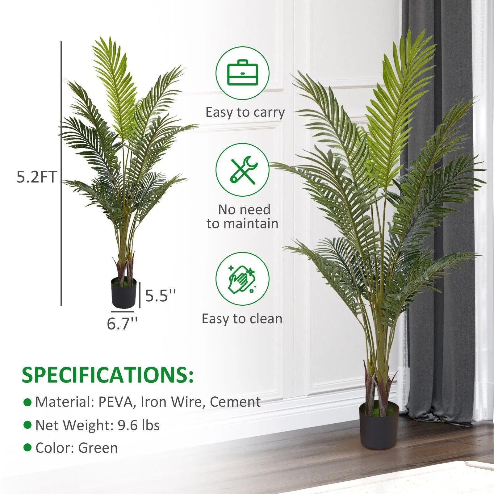 5.2' Artificial Palm Tree in Pot Indoor Ornament Green Plant