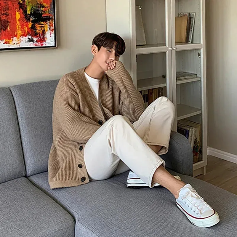 Aidase Korean Style Loose Knitted Cardigan Mens Sweater Jacket Autumn Winter Thick Casual Outerwear Khaki Sweater Button Up Knit Top
