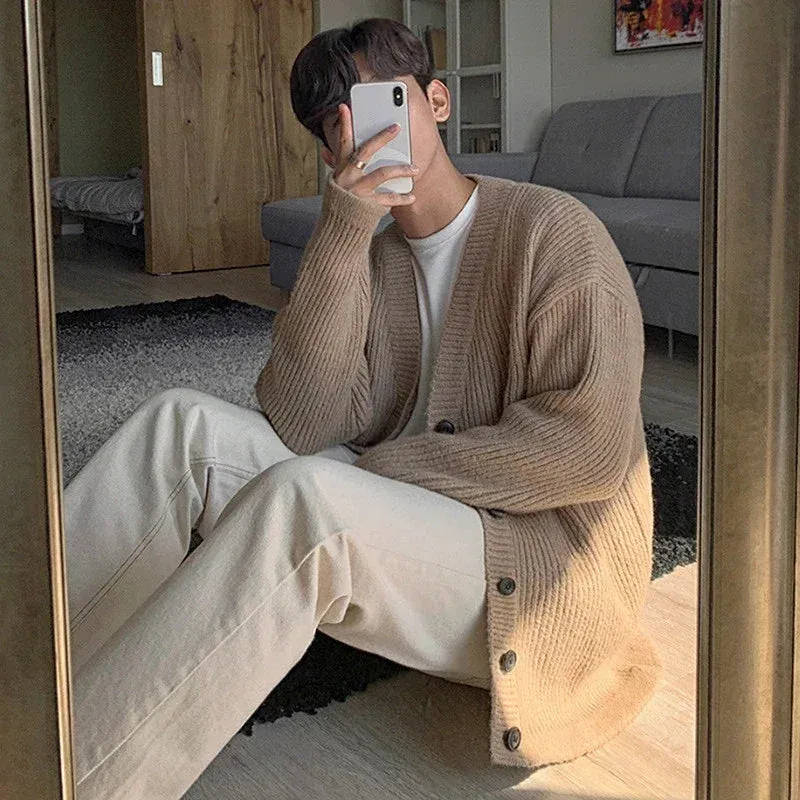 Aidase Korean Style Loose Knitted Cardigan Mens Sweater Jacket Autumn Winter Thick Casual Outerwear Khaki Sweater Button Up Knit Top