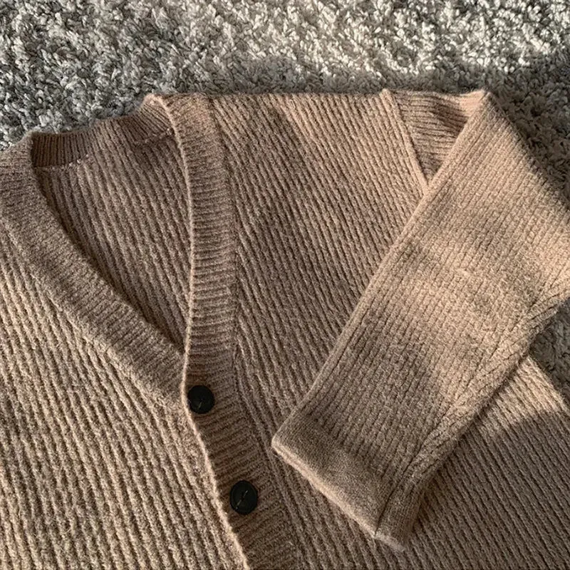 Aidase Korean Style Loose Knitted Cardigan Mens Sweater Jacket Autumn Winter Thick Casual Outerwear Khaki Sweater Button Up Knit Top
