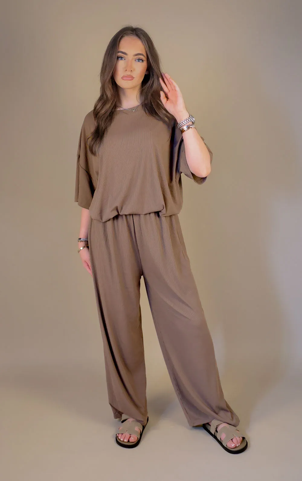 Brown Oversized Ribbed T-Shirt & Straight Leg Trouser Co-Ord Set