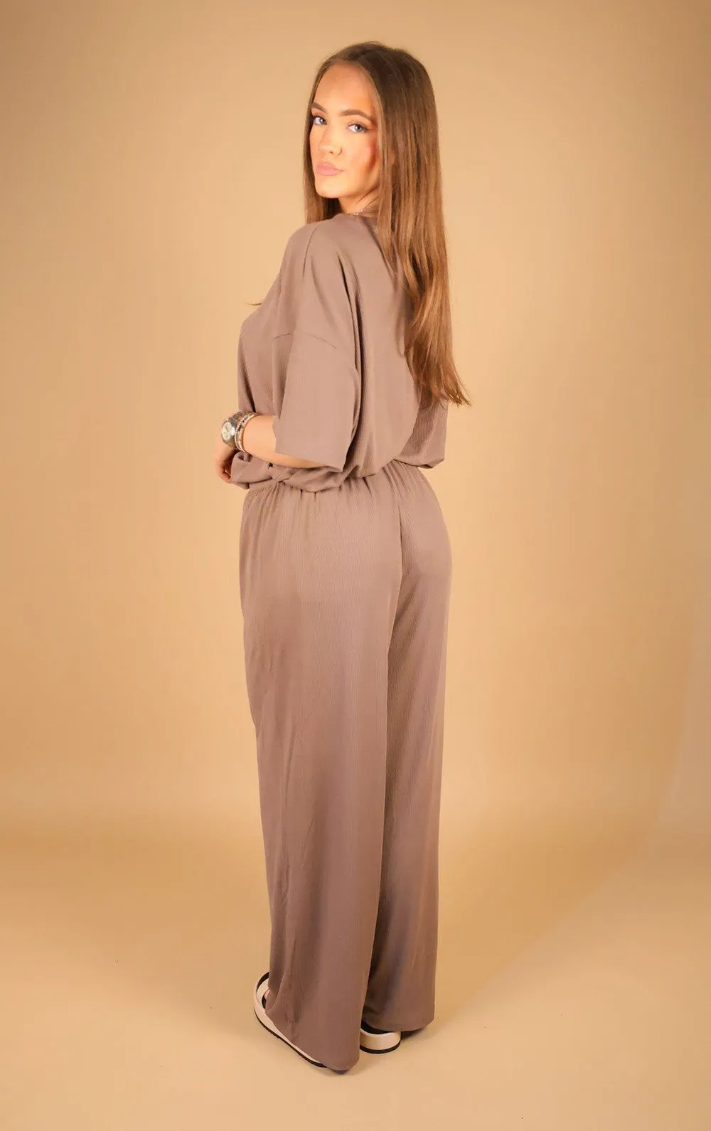 Brown Oversized Ribbed T-Shirt & Straight Leg Trouser Co-Ord Set