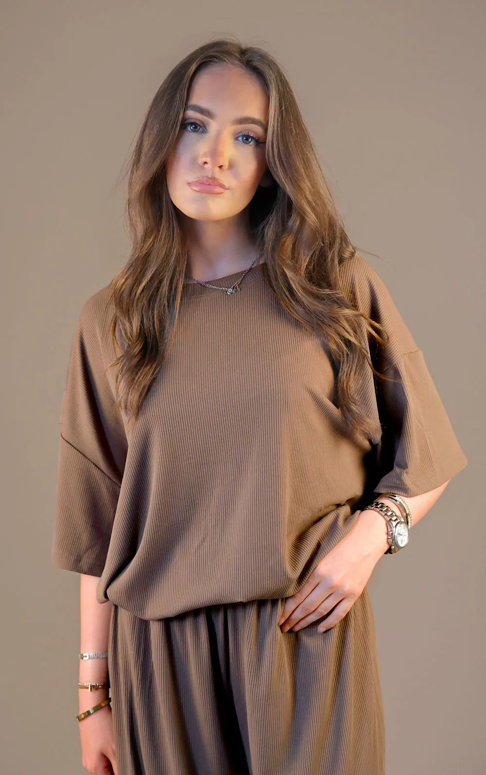 Brown Oversized Ribbed T-Shirt & Straight Leg Trouser Co-Ord Set