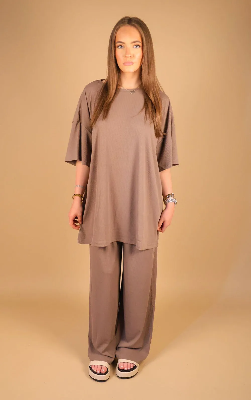 Brown Oversized Ribbed T-Shirt & Straight Leg Trouser Co-Ord Set