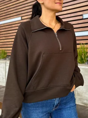 Buttery Soft Zip-Up Collar Pullover - Chocolate