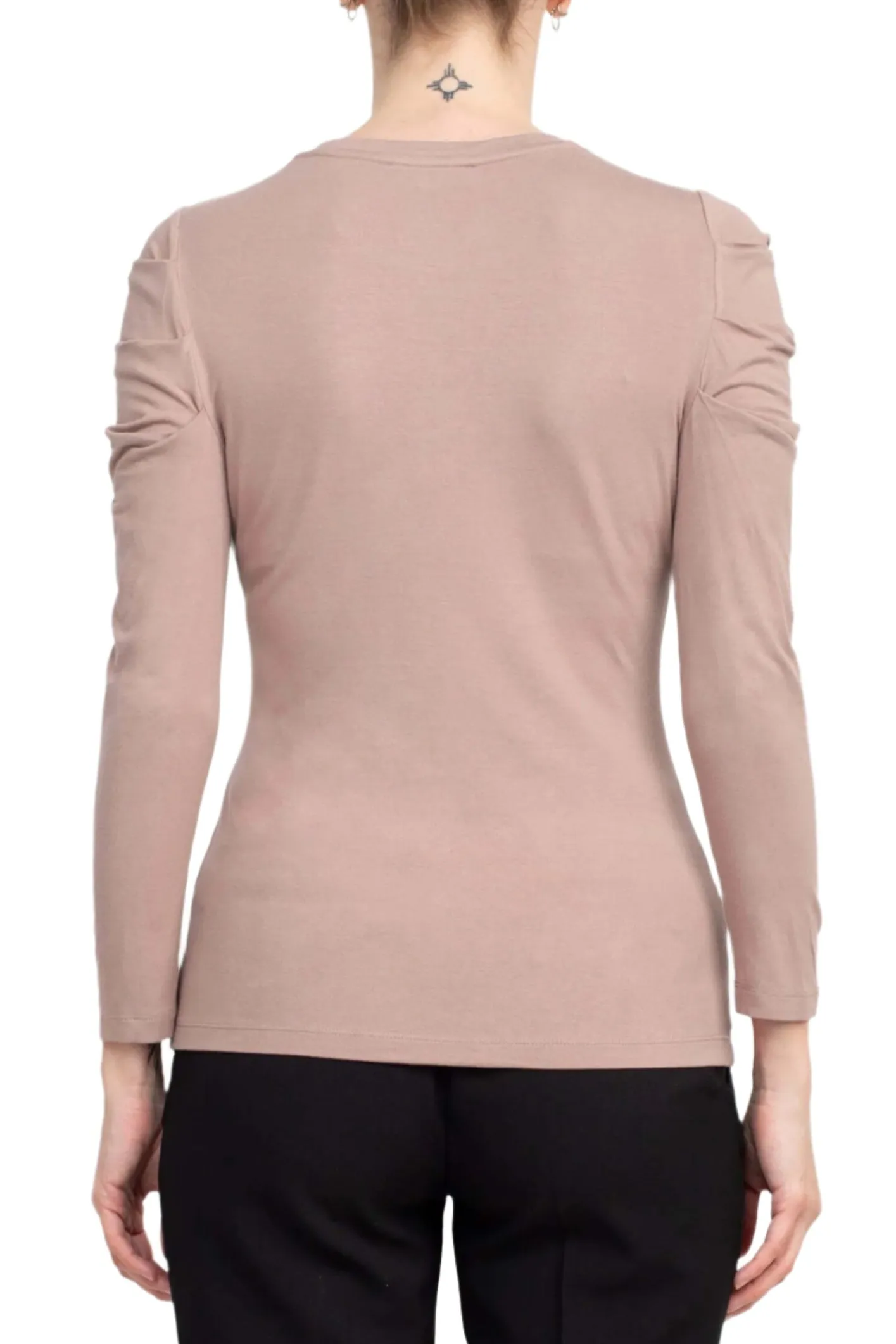 Catherine Malandrino Crew Neck Long Sleeve Ruched Shoulder Solid Knit Top