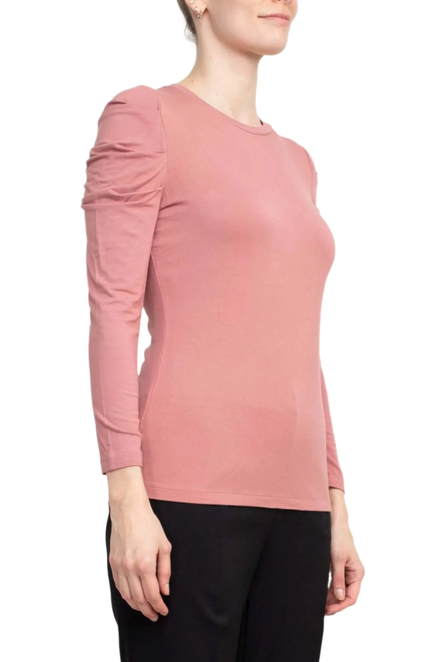 Catherine Malandrino Crew Neck Long Sleeve Ruched Shoulder Solid Knit Top