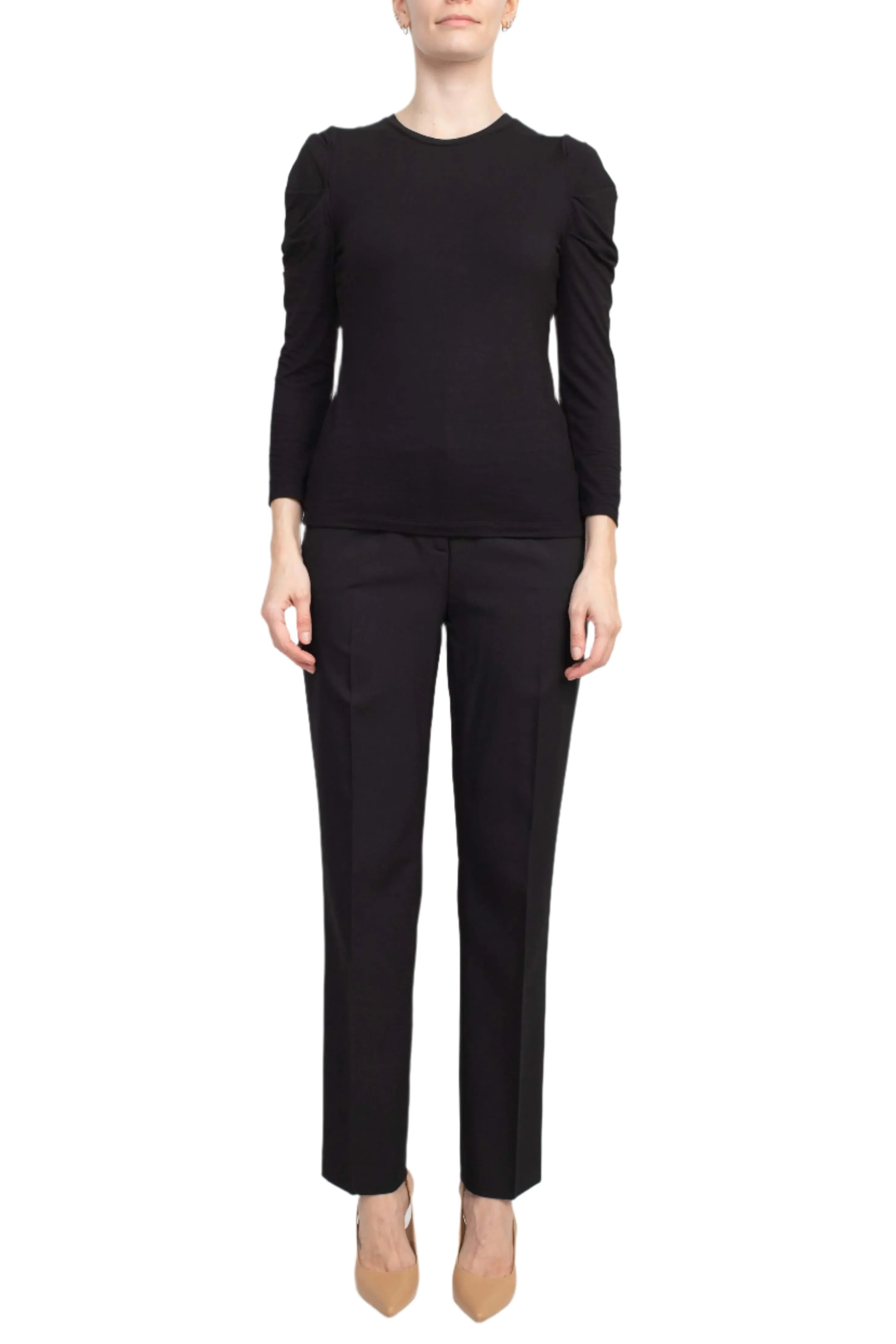 Catherine Malandrino Crew Neck Long Sleeve Ruched Shoulder Solid Knit Top