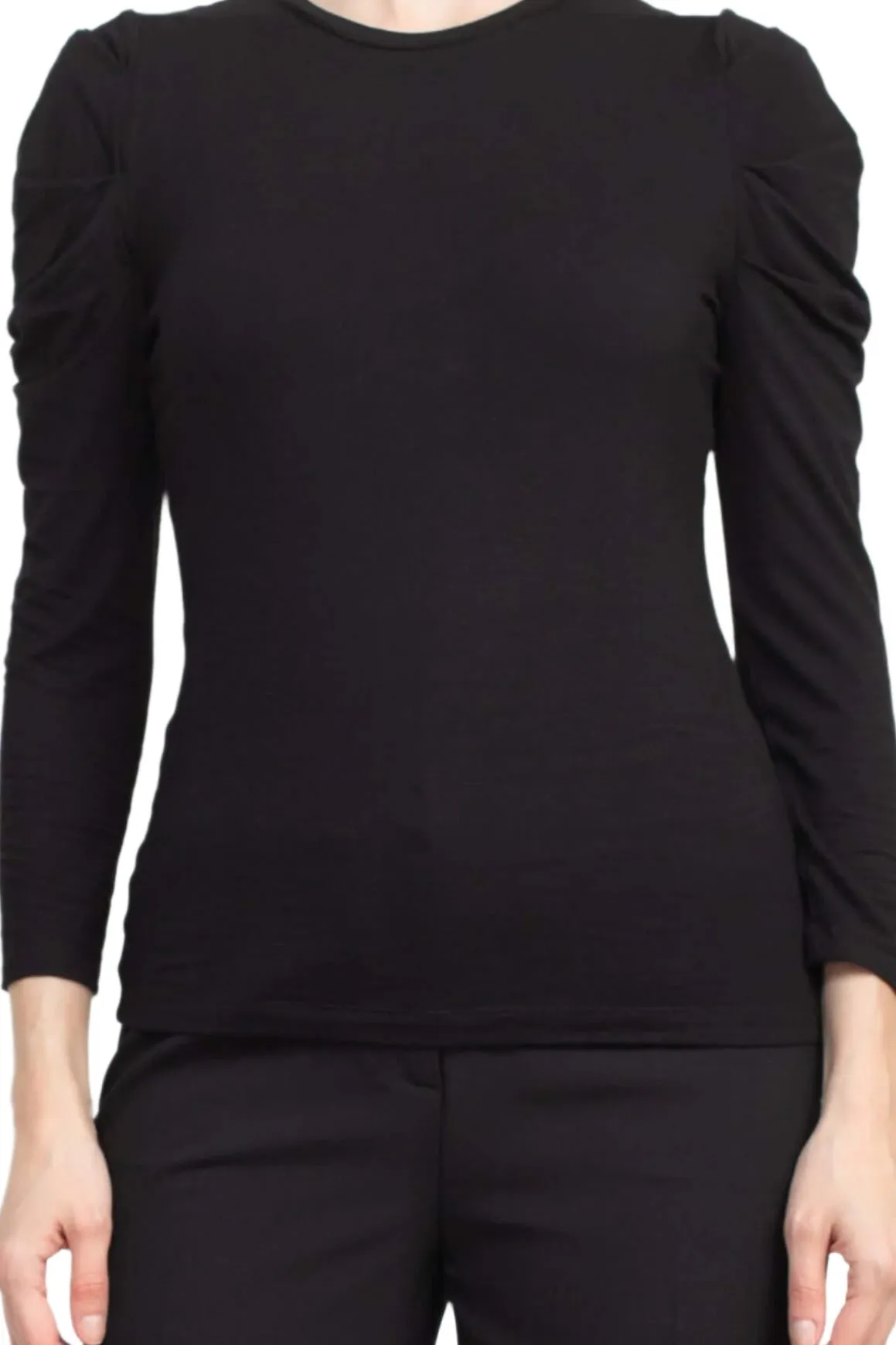 Catherine Malandrino Crew Neck Long Sleeve Ruched Shoulder Solid Knit Top