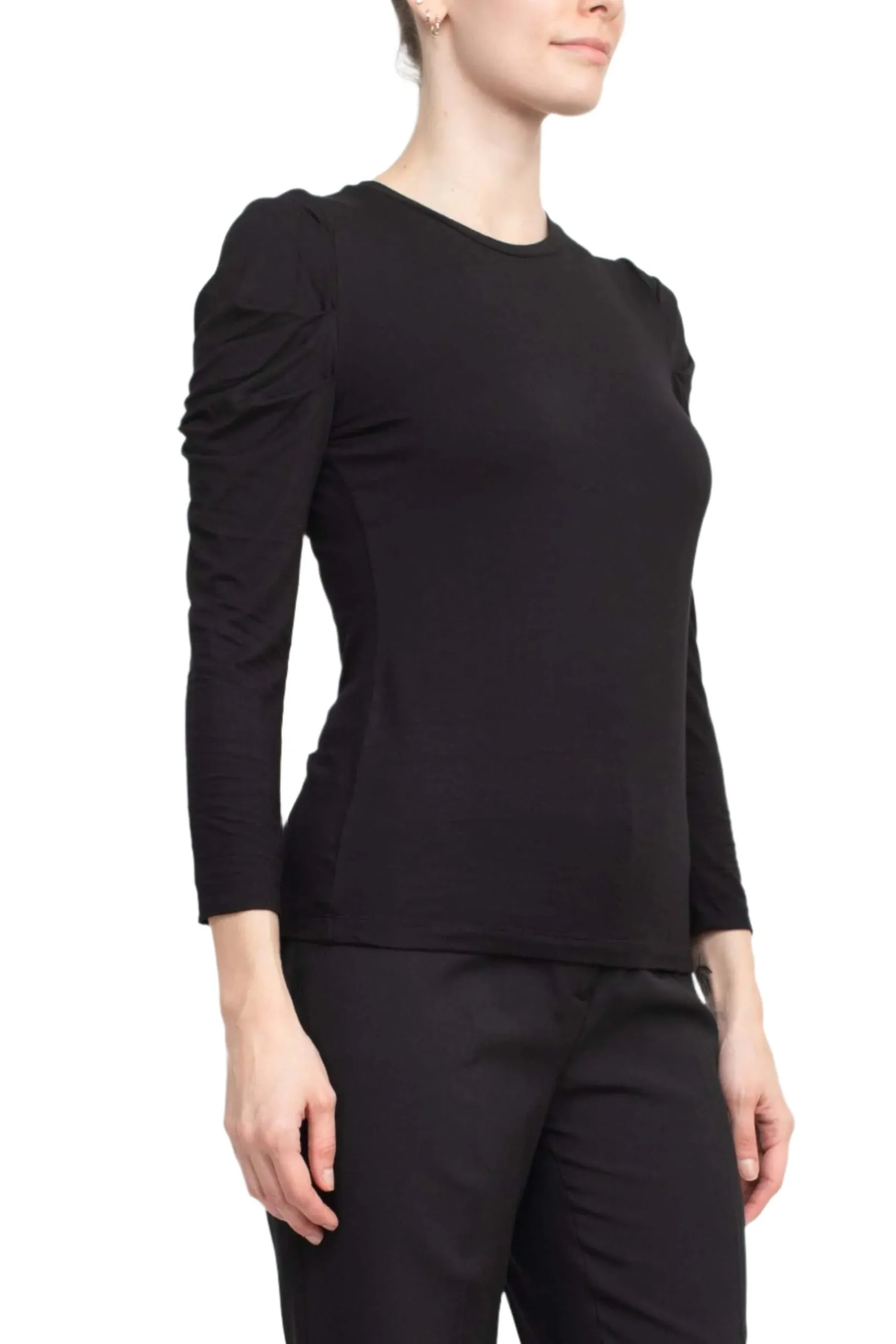 Catherine Malandrino Crew Neck Long Sleeve Ruched Shoulder Solid Knit Top