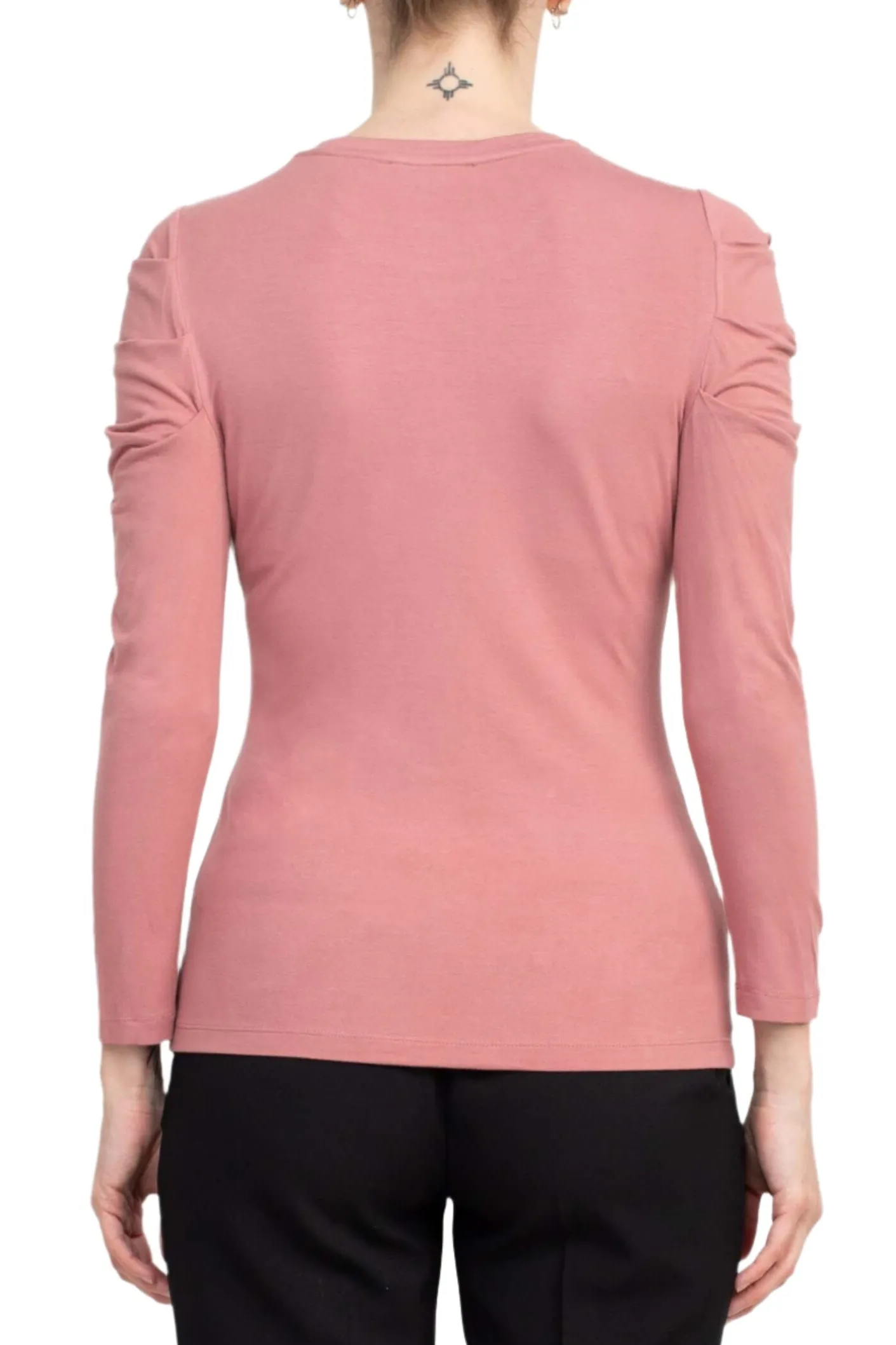 Catherine Malandrino Crew Neck Long Sleeve Ruched Shoulder Solid Knit Top