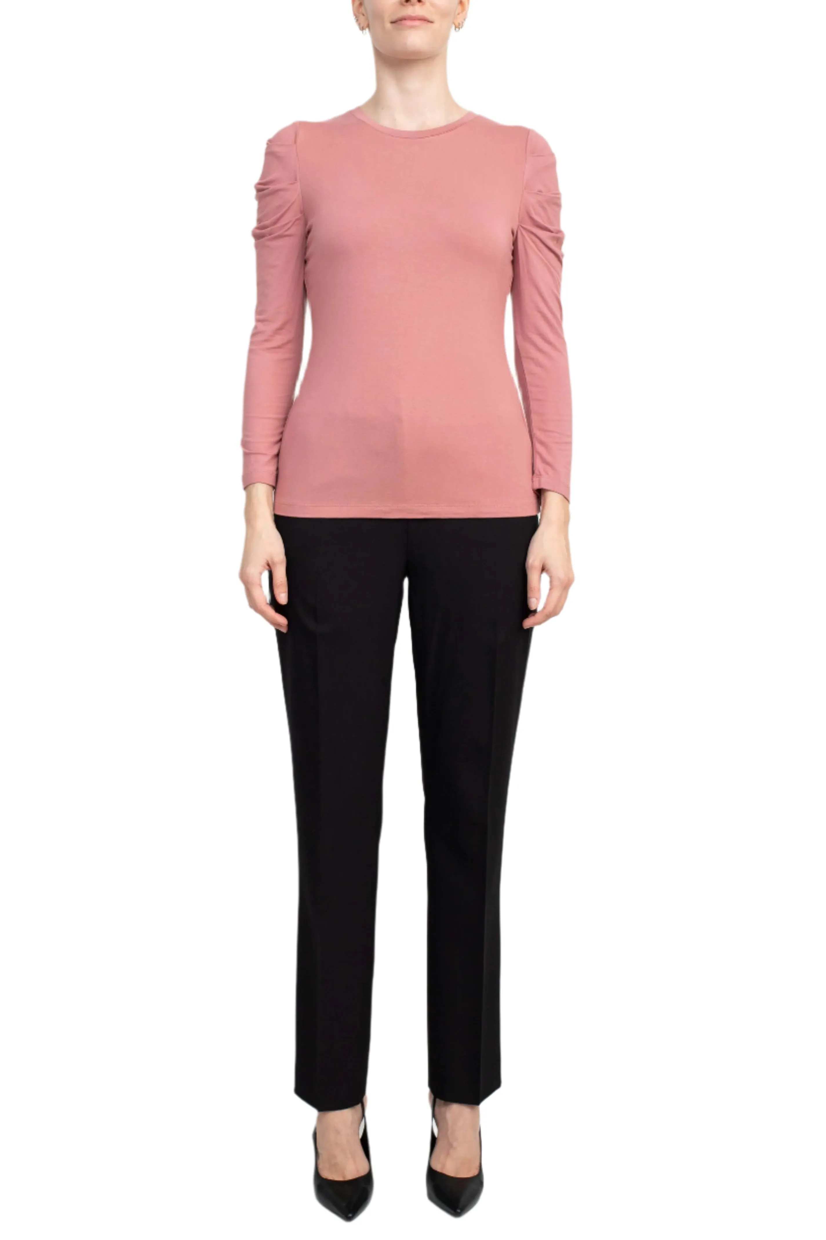 Catherine Malandrino Crew Neck Long Sleeve Ruched Shoulder Solid Knit Top