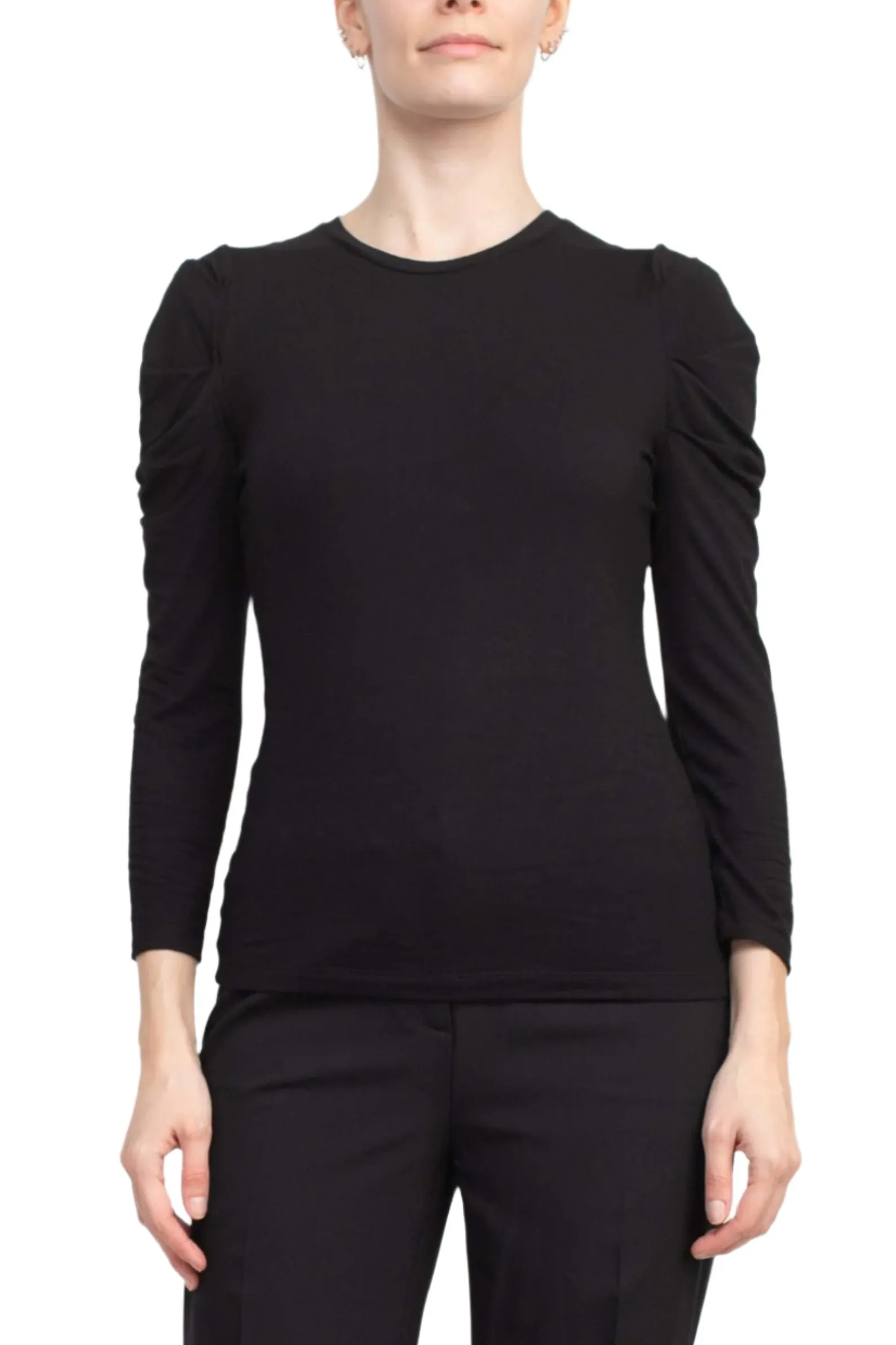 Catherine Malandrino Crew Neck Long Sleeve Ruched Shoulder Solid Knit Top