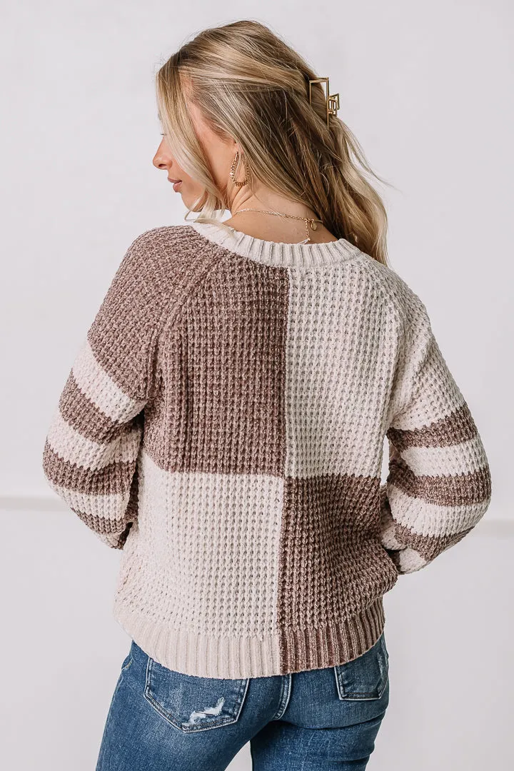 Checker & Stripe Chenille Knit Sweater | Mocha