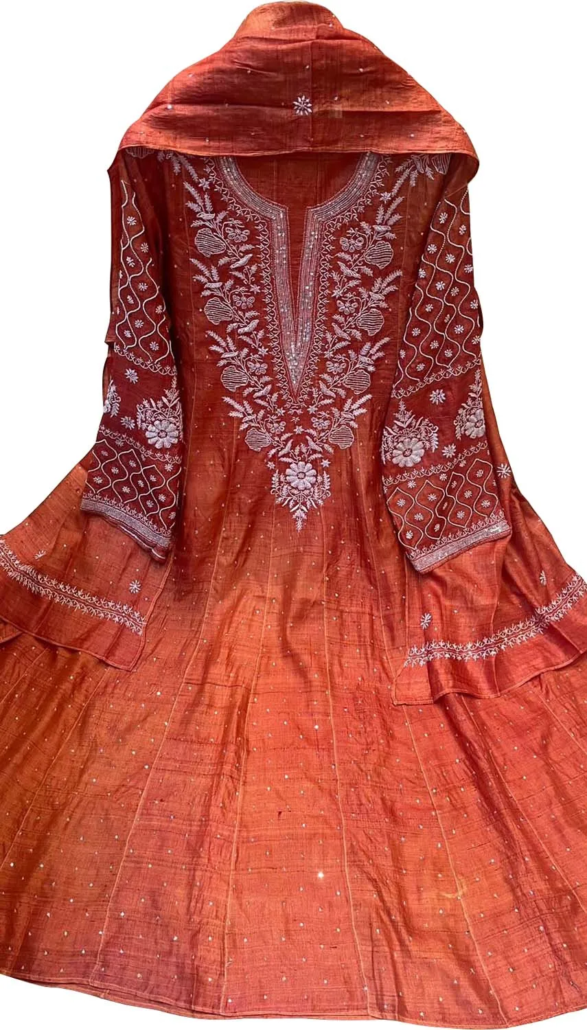 Elegant Orange Chikankari Tussar Silk Anarkali Suit Set