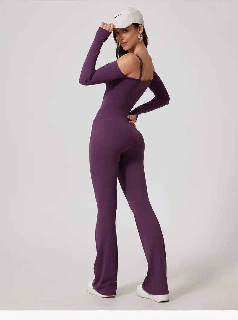 Flared Pants Yoga Jumpsuit – Off-Shoulder and Moisture-Wicking