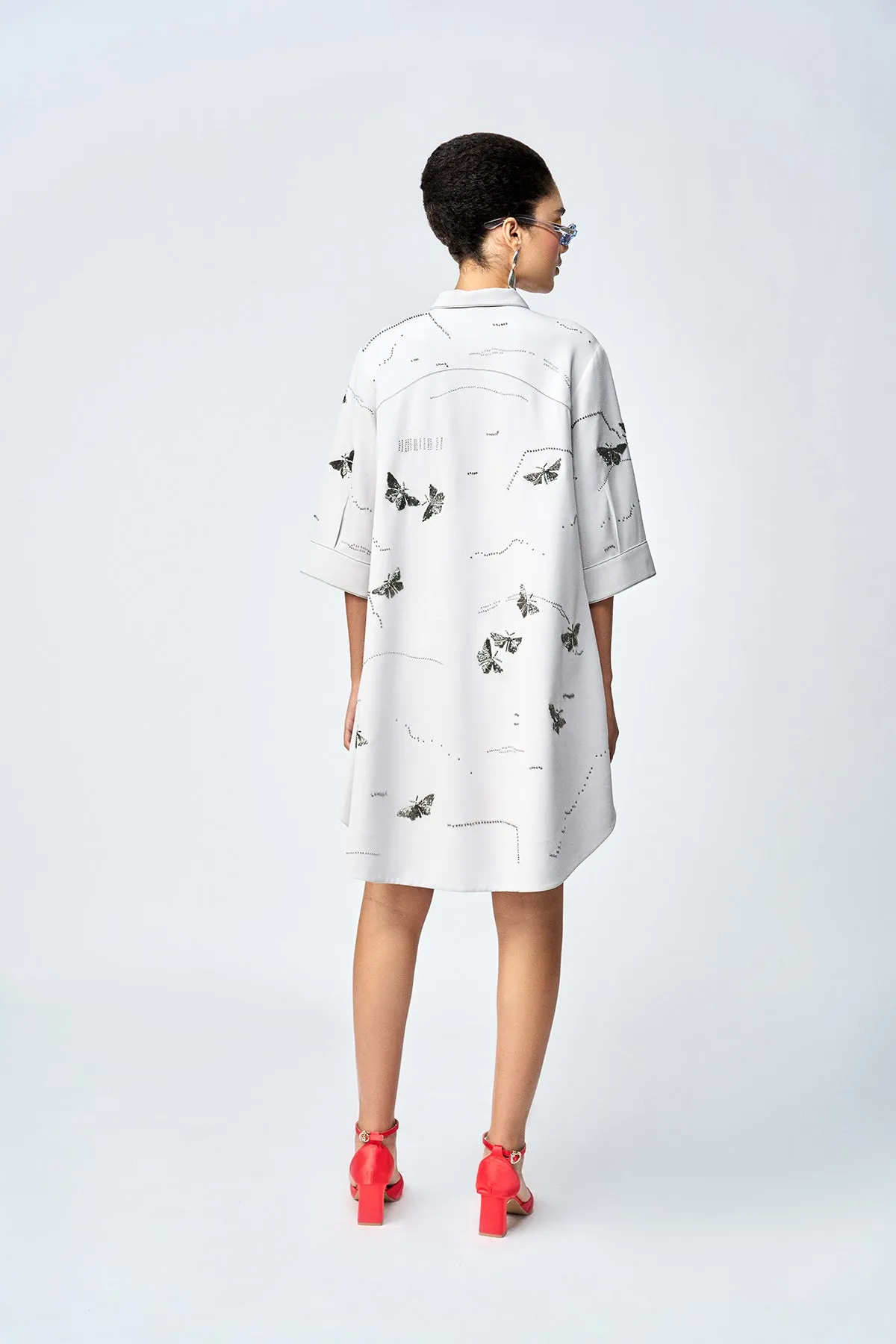 FUZZY BUTTERFLY EMBELLISHED A LINE SHIRT DRESS