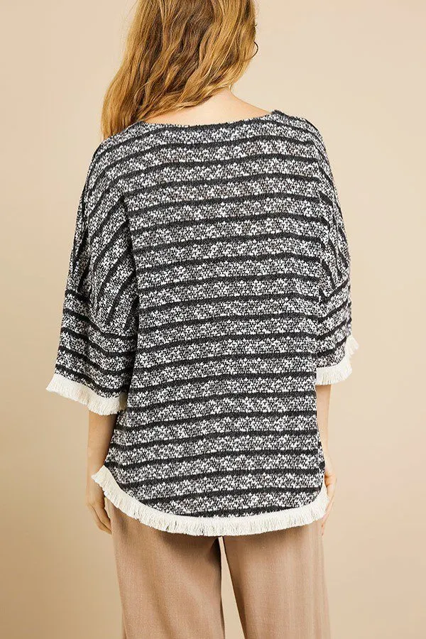 Heathered Striped Knit Bell Sleeve Round Neck Top in Charcoal