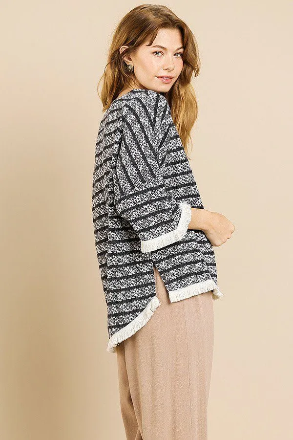 Heathered Striped Knit Bell Sleeve Round Neck Top in Charcoal