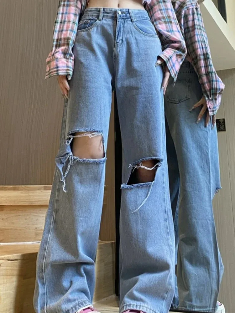 Ins Women Baggy High Waist Wide Leg Ripped Jeans Female High Street Retro Loose Wide Leg Pants Punk Slim Straight Leg Trousers