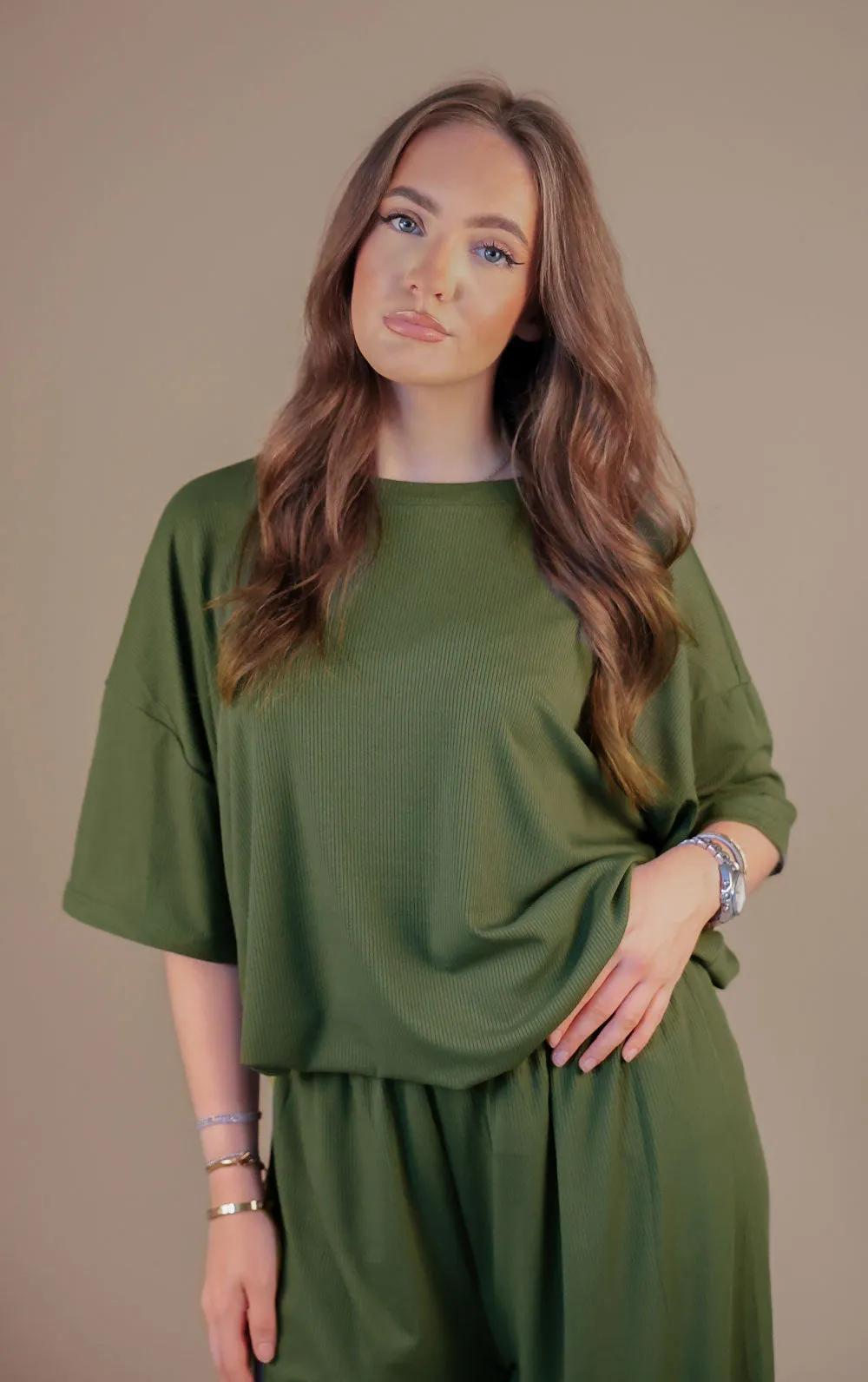 Khaki Oversized Ribbed T-Shirt & Straight Leg Trouser Co-Ord Set