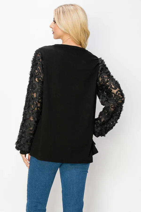 LACE FLOWER SWIRL SLEEVE BLACK TOP