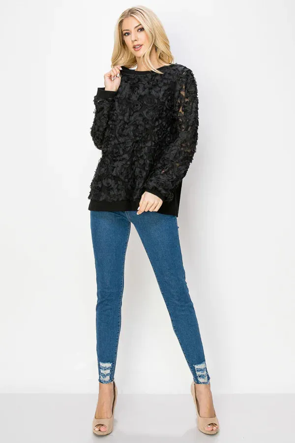 LACE FLOWER SWIRL SLEEVE BLACK TOP