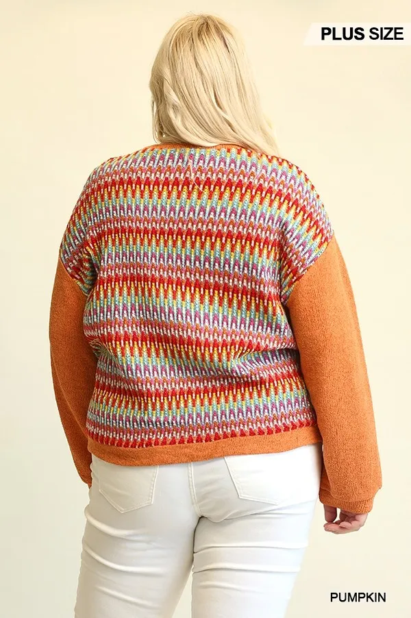 Novelty Knit And Solid Knit Mixed Loose Top With Drop Down Shoulder Voluptuous ( ) Size- 2 colors - Ships from The US