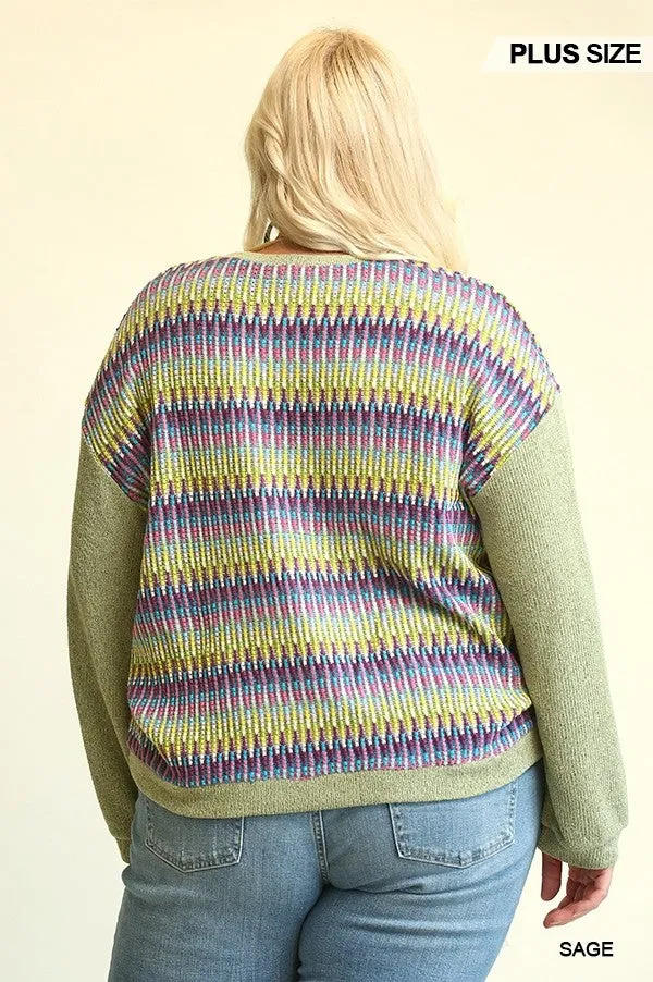 Novelty Knit And Solid Knit Mixed Loose Top With Drop Down Shoulder Voluptuous ( ) Size- 2 colors - Ships from The US