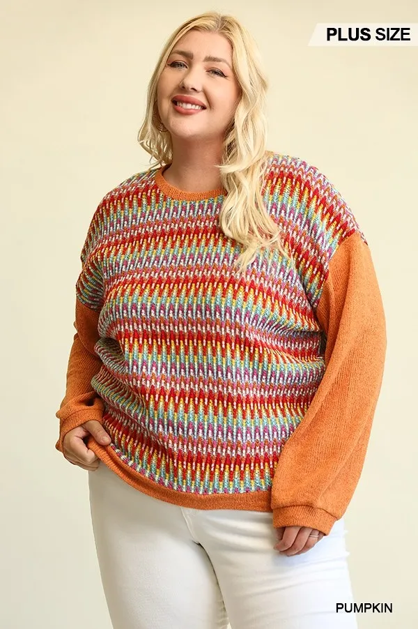 Novelty Knit And Solid Knit Mixed Loose Top With Drop Down Shoulder Voluptuous ( ) Size- 2 colors - Ships from The US