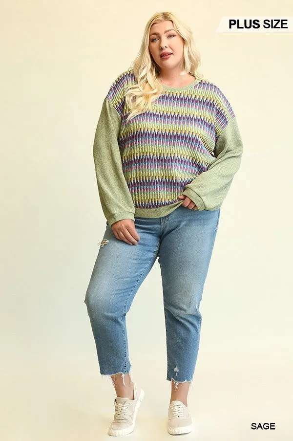 Novelty Knit And Solid Knit Mixed Loose Top With Drop Down Shoulder Voluptuous ( ) Size- 2 colors - Ships from The US