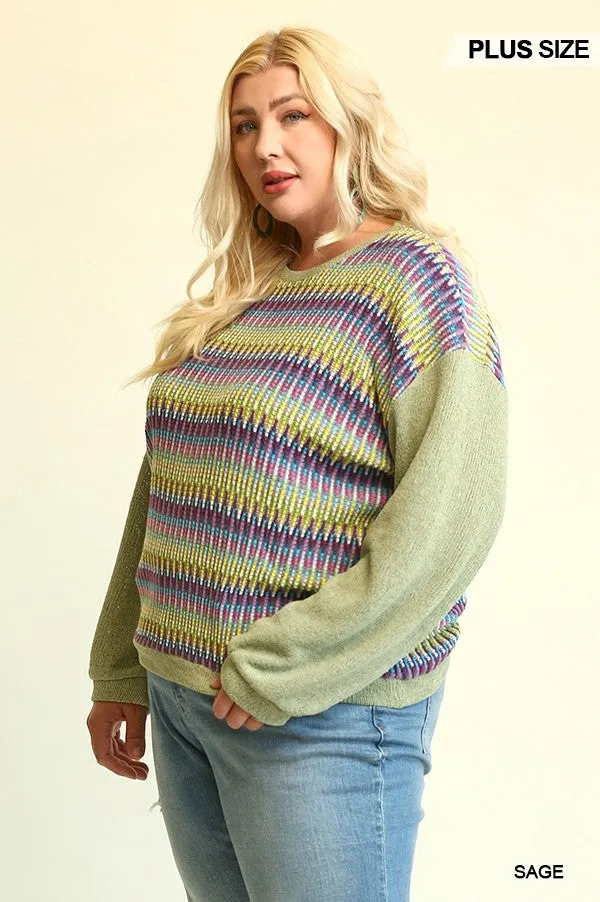 Novelty Knit And Solid Knit Mixed Loose Top With Drop Down Shoulder Voluptuous ( ) Size- 2 colors - Ships from The US