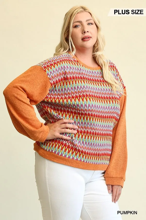 Novelty Knit And Solid Knit Mixed Loose Top With Drop Down Shoulder Voluptuous ( ) Size- 2 colors - Ships from The US