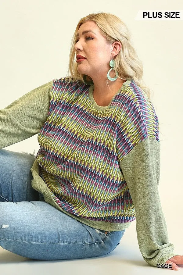 Novelty Knit And Solid Knit Mixed Loose Top With Drop Down Shoulder Voluptuous ( ) Size- 2 colors - Ships from The US