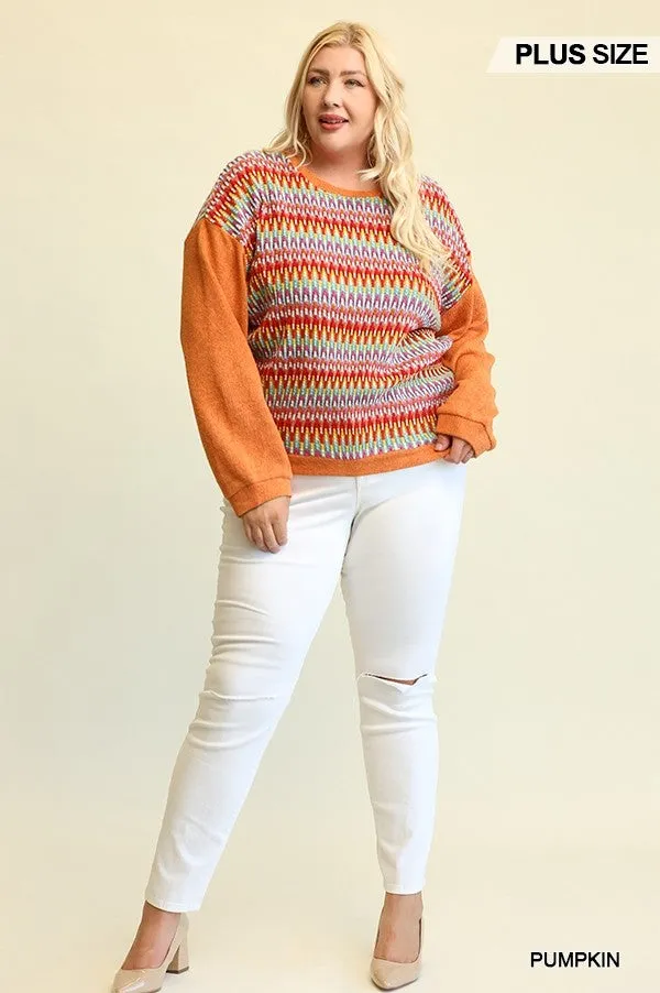 Novelty Knit And Solid Knit Mixed Loose Top With Drop Down Shoulder Voluptuous ( ) Size- 2 colors - Ships from The US