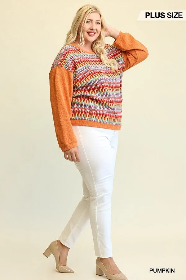 Novelty Knit And Solid Knit Mixed Loose Top With Drop Down Shoulder Voluptuous ( ) Size- 2 colors - Ships from The US
