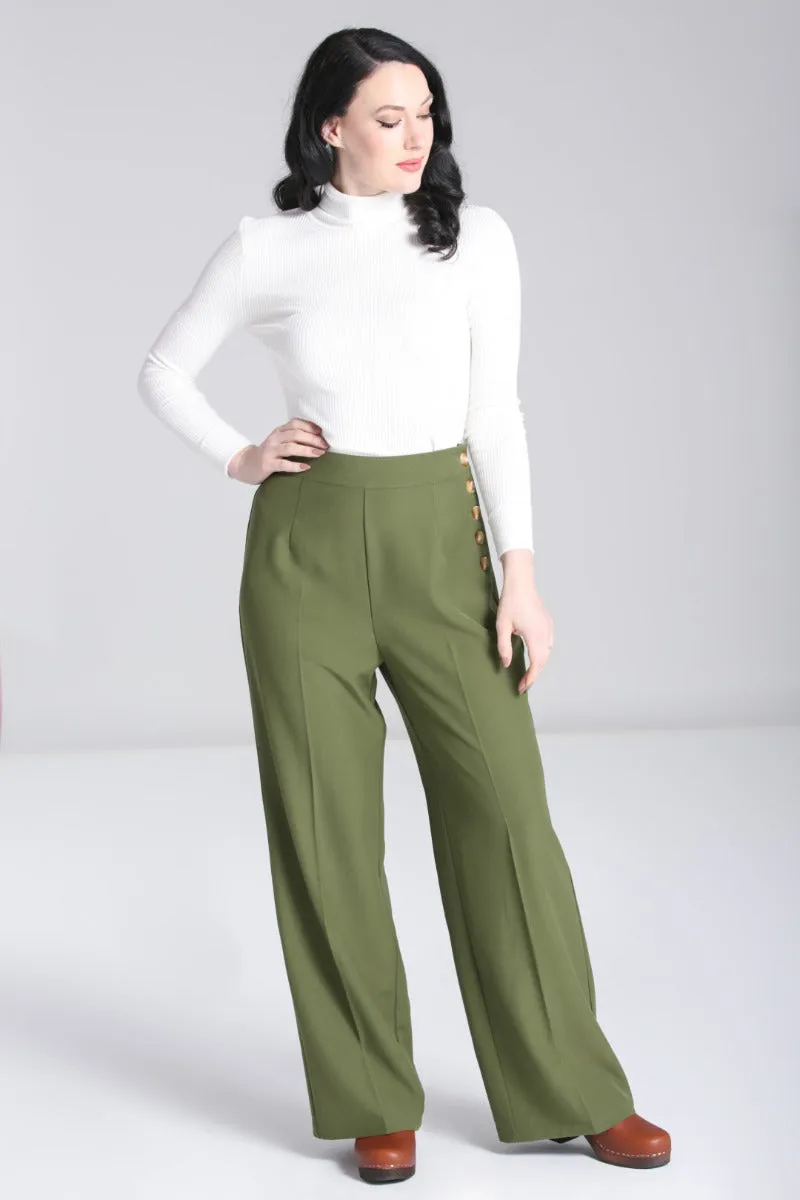 Olive Wide Leg Ginger Pants by Hell Bunny