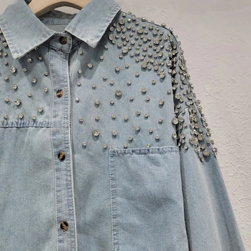 Pre Order:  Diamond Studded Loose Denim Shirt