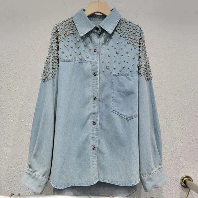 Pre Order:  Diamond Studded Loose Denim Shirt