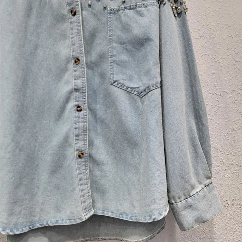 Pre Order:  Diamond Studded Loose Denim Shirt