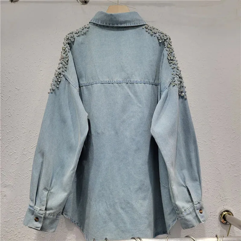 Pre Order:  Diamond Studded Loose Denim Shirt