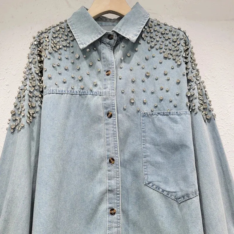 Pre Order:  Diamond Studded Loose Denim Shirt