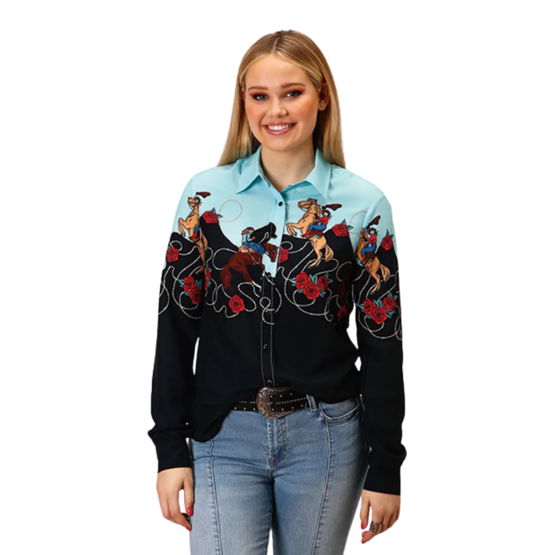 Roper Women's Cowgirl Border Printed Rayon Black Shirt