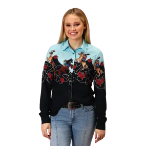 Roper Women's Cowgirl Border Printed Rayon Black Shirt