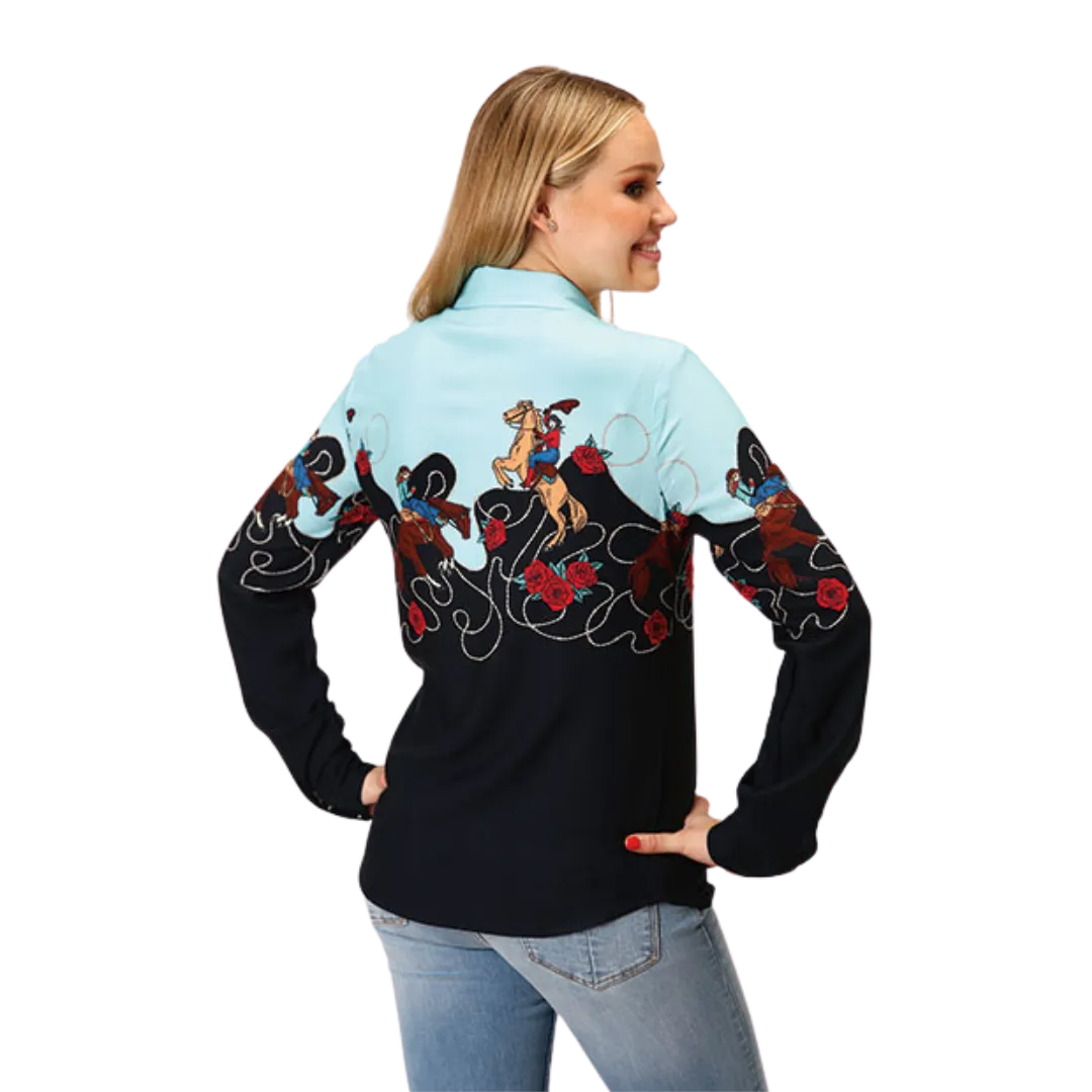 Roper Women's Cowgirl Border Printed Rayon Black Shirt